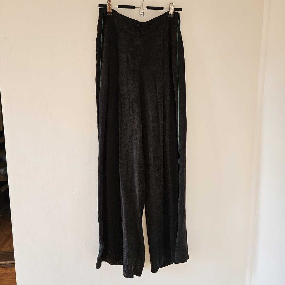Raquel Allegra Black Silk Brocade & Green Stripe Wide-Leg Pants